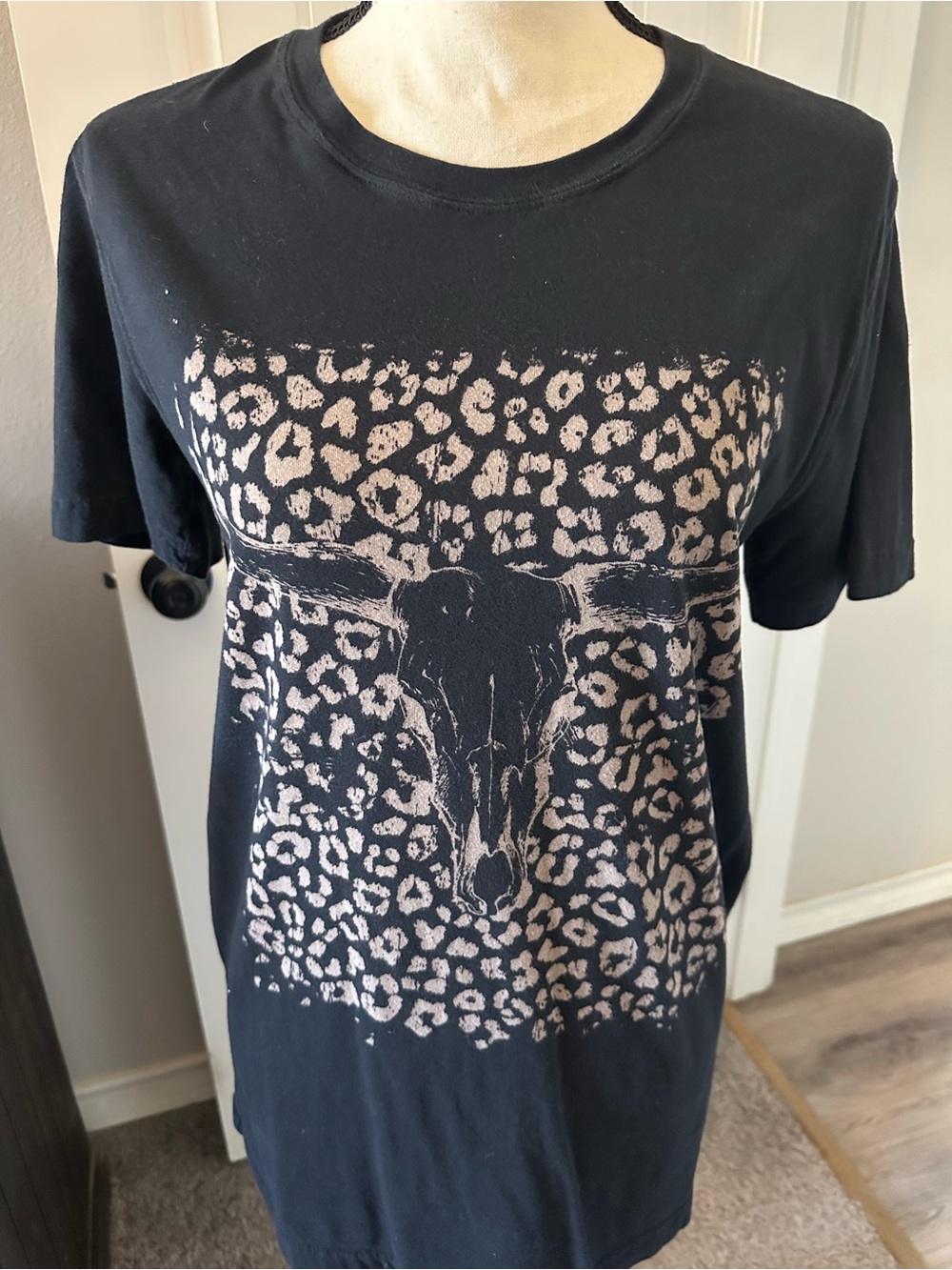 Women’s Black Short Sleeve Tee with Leopard & Steer Skull Graphic